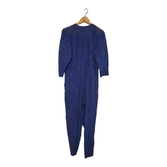 80s Vintage S.L Fashions Jumpsuit Floral Print Blue and Beige Size 10 - Picture 2 of 8